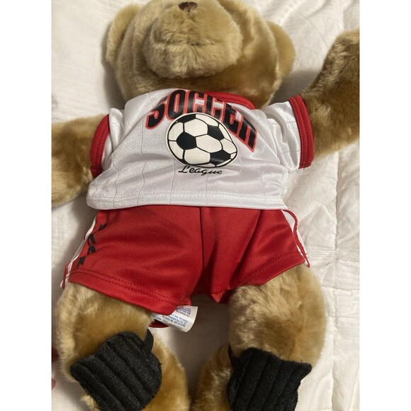 Build A Bear Plush Stuffed Brown Teddy Bear Soccer Shirt Shorts Shin Guards Red - Picture 3 of 11